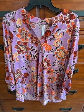 Dear Scarlett Lavender Floral V-Neck Tunic with Orange & Red Accents - Lizzie